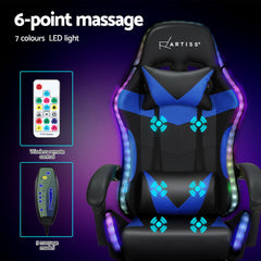 Artiss 6 Point Massage Gaming Office Chair 7 LED Footrest Blue - ozily