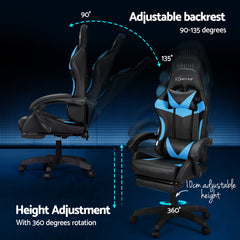 Artiss 6 Point Massage Gaming Office Chair 7 LED Footrest Cyan Blue - ozily