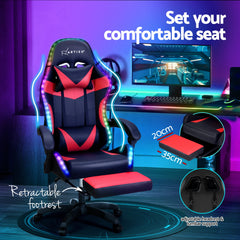 Artiss 6 Point Massage Gaming Office Chair 7 LED Footrest Red - ozily