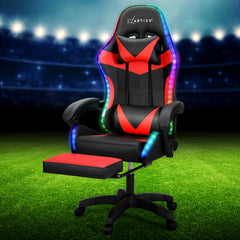 Artiss 6 Point Massage Gaming Office Chair 7 LED Footrest Red - ozily