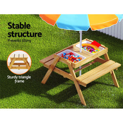 Keezi Kids Outdoor Table and Chairs Picnic Bench Umbrella Set Water Sand Pit Box - Furniture Ozily