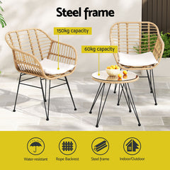 Gardeon 3PC Outdoor Furniture Bistro Set Lounge Setting Table Chairs Cushion Patio Grey - Furniture Ozily