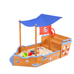 Keezi Kids Sandpit Wooden Boat Sand Pit with Canopy Bench Seat Beach Toys 165cm - Furniture Ozily