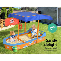 Keezi Kids Sandpit Wooden Boat Sand Pit with Canopy Bench Seat Beach Toys 150cm - Furniture Ozily