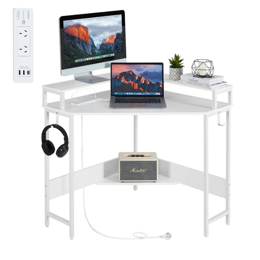 Compact L-Shaped Corner Desk with Built-In Power Board, White - ozily