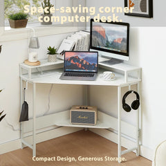Compact L-Shaped Corner Desk with Built-In Power Board, White - ozily