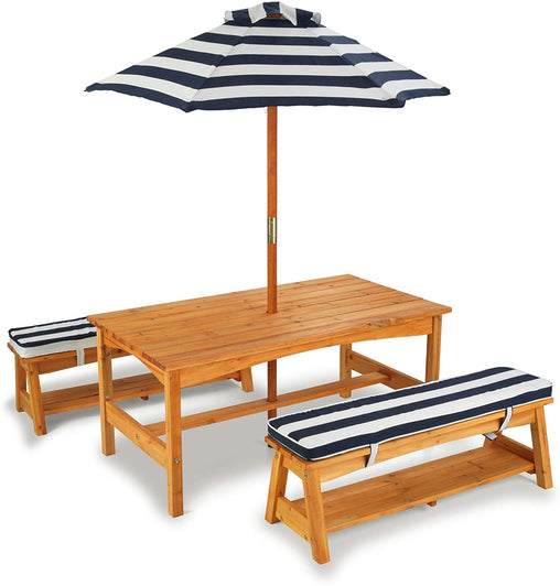Outdoor Table & Bench Set with Cushions & Umbrella (Navy) - Furniture Ozily