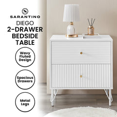 Sarantino Diego Bedside Table Night Stand With 2 Drawers - White - ozily