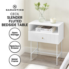 Sarantino Cecil Slender Fluted Bedside Table In White - ozily