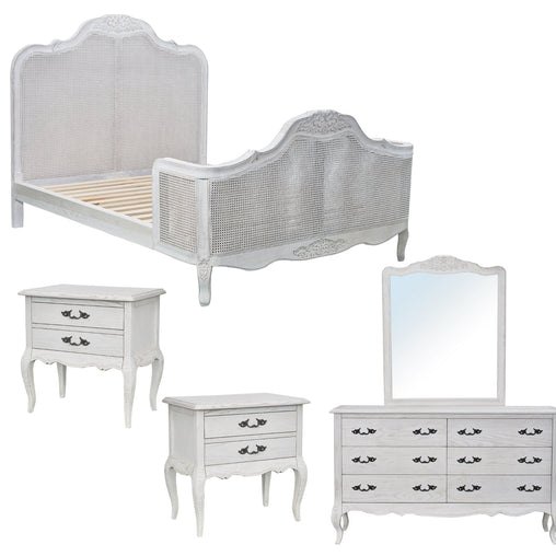 Alice 5pc King Bed Suite Bedside Dresser Bedroom Rattan Furniture Package White - ozily
