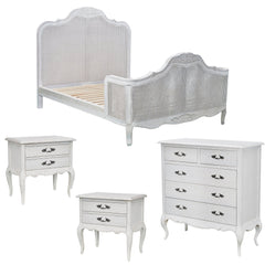 Alice 4pc King Bed Suite Bedside Tallboy Bedroom Rattan Furniture Package White - ozily