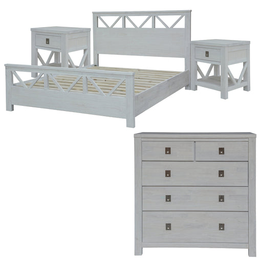 Myer 4pc Double Bed Suite Bedside Tallboy Bedroom Furniture Package White Wash - ozily