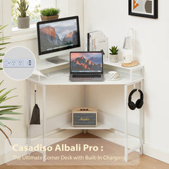 Casadiso L-Shaped Corner Desk with Built-In Power Board, White Gaming Desk with Charging Station (Casadiso Albali Pro) - ozily