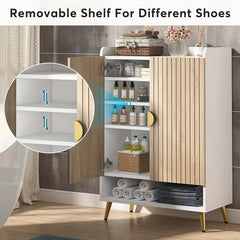 NNETMLT 7-Tier Shoe Storage Cabinet with Adjustable Shelves, Wood and Gold - Furniture Ozily