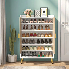 NNETMLT 7-Tier Shoe Storage Cabinet with Adjustable Shelves, Wood and Gold - Furniture Ozily