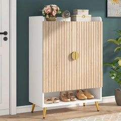 NNETMLT 7-Tier Shoe Storage Cabinet with Adjustable Shelves, Wood and Gold - Furniture Ozily