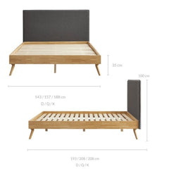 Natural Oak Ensemble Bed Frame Wooden Slat Fabric Headboard King - Furniture Ozily