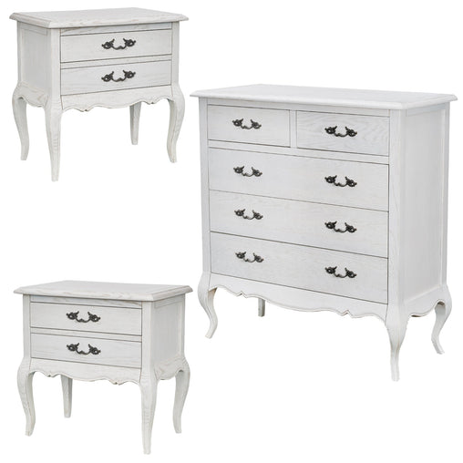 Alice 3pc Set 2 Bedside Tallboy Storage Cabinet Side End Table Distressed White Furniture > Bedroom V315-VHNB-FLEU-03-2PC-TB-KIT Online Furniture