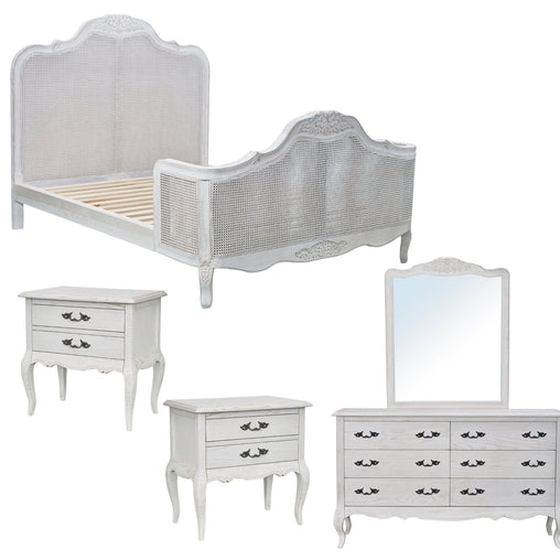 Alice 5pc King Bed Suite Bedside Dresser Bedroom Rattan Furniture Package White Furniture > Bedroom V315-VHNB-FLEU-KDM-KIT Online Furniture