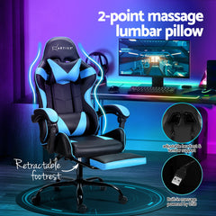 Artiss 2 Point Massage Gaming Office Chair Footrest Cyan Blue Furniture > Bar Stools & Chairs MOC-GC-2P-BK-CY Online Furniture