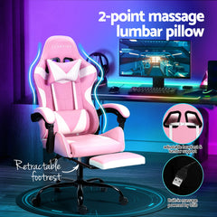 Artiss 2 Point Massage Gaming Office Chair Footrest Pink Furniture > Bar Stools & Chairs MOC-GC-2P-PK-WH Online Furniture