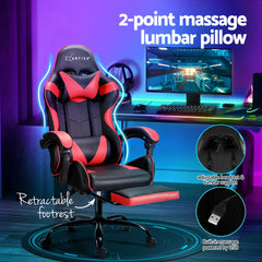 Artiss 2 Point Massage Gaming Office Chair Footrest Red Furniture > Bar Stools & Chairs MOC-GC-2P-BK-RD Online Furniture