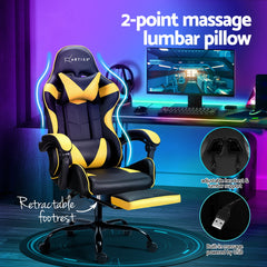 Artiss 2 Point Massage Gaming Office Chair Footrest Yellow Furniture > Bar Stools & Chairs MOC-GC-2P-BK-YL Online Furniture