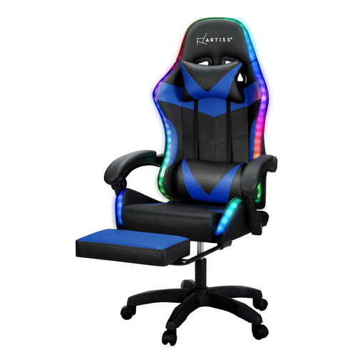 Artiss 6 Point Massage Gaming Office Chair 7 LED Footrest Blue Furniture > Bar Stools & Chairs MOC-GC-6P-LED-BK-BL Online Furniture