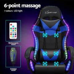 Artiss 6 Point Massage Gaming Office Chair 7 LED Footrest Blue Furniture > Bar Stools & Chairs MOC-GC-6P-LED-BK-BL Online Furniture