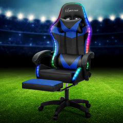 Artiss 6 Point Massage Gaming Office Chair 7 LED Footrest Blue Furniture > Bar Stools & Chairs MOC-GC-6P-LED-BK-BL Online Furniture