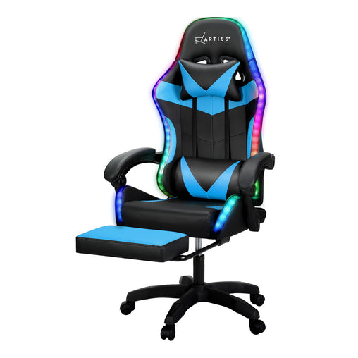 Artiss 6 Point Massage Gaming Office Chair 7 LED Footrest Cyan Blue Furniture > Bar Stools & Chairs MOC-GC-6P-LED-BK-CY Online Furniture