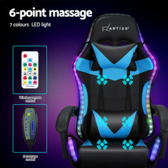 Artiss 6 Point Massage Gaming Office Chair 7 LED Footrest Cyan Blue Furniture > Bar Stools & Chairs MOC-GC-6P-LED-BK-CY Online Furniture