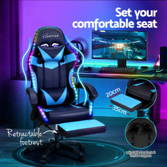 Artiss 6 Point Massage Gaming Office Chair 7 LED Footrest Cyan Blue Furniture > Bar Stools & Chairs MOC-GC-6P-LED-BK-CY Online Furniture