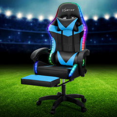 Artiss 6 Point Massage Gaming Office Chair 7 LED Footrest Cyan Blue Furniture > Bar Stools & Chairs MOC-GC-6P-LED-BK-CY Online Furniture