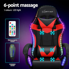 Artiss 6 Point Massage Gaming Office Chair 7 LED Footrest Red Furniture > Bar Stools & Chairs MOC-GC-6P-LED-BK-RD Online Furniture