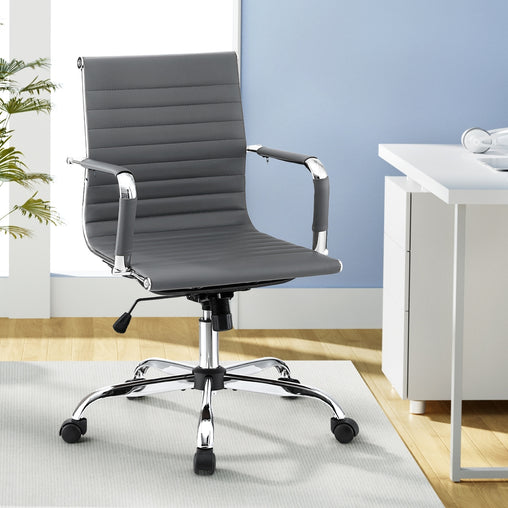 Artiss Office Chair Conference Chairs PU Leather Mid Back Grey Furniture > Bar Stools & Chairs > Gaming Chairs OCHAIR-H-8147-GY Online Furniture