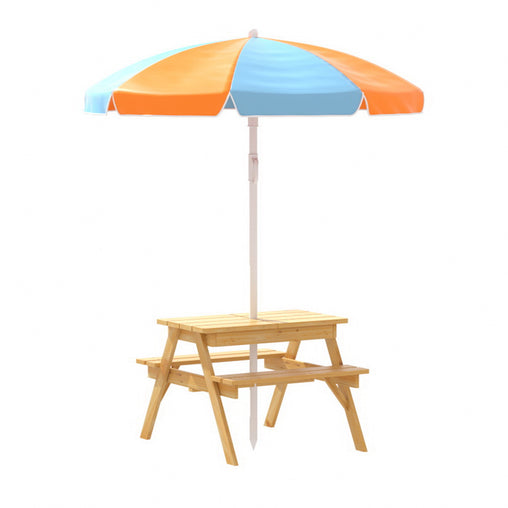 Keezi Kids Outdoor Table and Chairs Picnic Bench Umbrella Set Water Sand Pit Box Baby & Kids > Kid's Furniture ODF-B-KID-PICNIC-UM-NAT Online Furniture