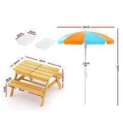 Keezi Kids Outdoor Table and Chairs Picnic Bench Umbrella Set Water Sand Pit Box Baby & Kids > Kid's Furniture ODF-B-KID-PICNIC-UM-NAT Online Furniture