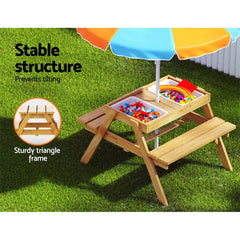 Keezi Kids Outdoor Table and Chairs Picnic Bench Umbrella Set Water Sand Pit Box Baby & Kids > Kid's Furniture ODF-B-KID-PICNIC-UM-NAT Online Furniture