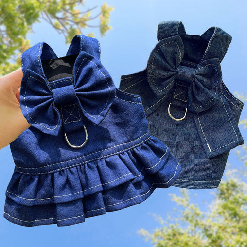 Pet Denim Harness Dress Set (2 Pieces) - 2XL Size (60cm Chest for 14-20 lb Pets) with T-Shirt and Skirt, Bow,and Leash Ring Pet Care > Dog Supplies > Dog Apparel V888-ELOSUNG10520 Online Furniture