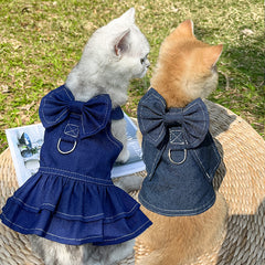 Pet Denim Harness Dress Set (2 Pieces) - 2XL Size (60cm Chest for 14-20 lb Pets) with T-Shirt and Skirt, Bow,and Leash Ring Pet Care > Dog Supplies > Dog Apparel V888-ELOSUNG10520 Online Furniture