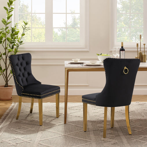 Set of 2 -Alsea Velvet & Polished Steel Dining Chairs Upholstered Tufted Stud Trim and Ring - 2 Colours Furniture > Dining V292-DC-ALSEA-BLACK-GOLD Online Furniture