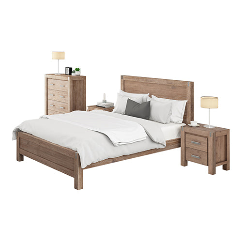 4 Pieces Bedroom Suite in Solid Wood Veneered Acacia Construction Timber Slat Queen Size Oak Colour Bed, Bedside Table & Tallboy - ozily