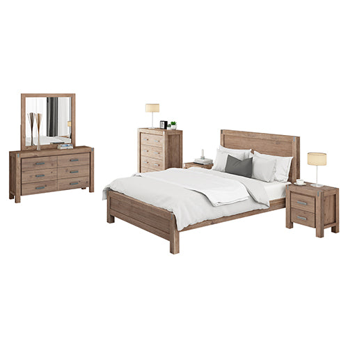 5 Pieces Bedroom Suite in Solid Wood Veneered Acacia Construction Timber Slat Single Size Oak Colour Bed, Bedside Table , Tallboy & Dresser - ozily