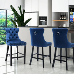 2X Velvet Bar Stools with Studs Trim Wooden Legs Tufted Dining Chairs Kitchen Furniture > Bar Stools & Chairs V226-SW1802BL Online Furniture