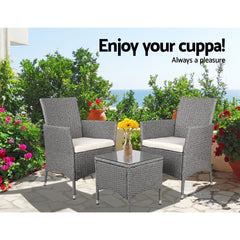 3 Piece Wicker Outdoor Chair Side Table Furniture Set - Grey Furniture > Outdoor ODF-BISTRO-RATTAN-GE Online Furniture