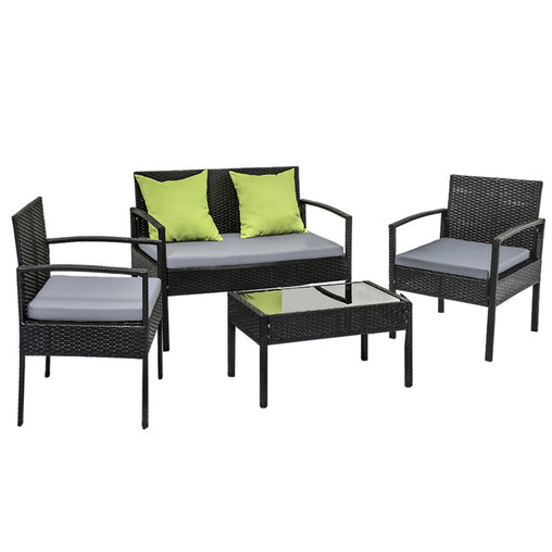 4 Seater Sofa Set Outdoor Furniture Lounge Setting Wicker Chairs Table Rattan Lounger Bistro Patio Garden Cushions Black Furniture > Outdoor FF-SAIPAN-BK Online Furniture