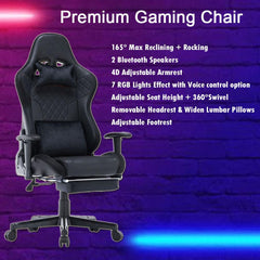 7 RGB Lights Bluetooth Speaker Gaming Chair Ergonomic Racing chair 165° Reclining Gaming Seat 4D Armrest Footrest Black Furniture > Bar Stools & Chairs V255-GCHAIR-34-BBLACK Online Furniture