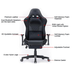 7 RGB Lights Bluetooth Speaker Gaming Chair Ergonomic Racing chair 165° Reclining Gaming Seat 4D Armrest Footrest Black Furniture > Bar Stools & Chairs V255-GCHAIR-34-BBLACK Online Furniture