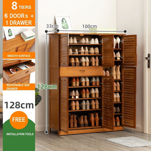 8 Tier Bamboo Large Capacity Storage Shelf Shoe Rack Cabinet 6 Doors 1 Drawer Furniture > Office V255-CABINETRACK-8T6D-1D Online Furniture